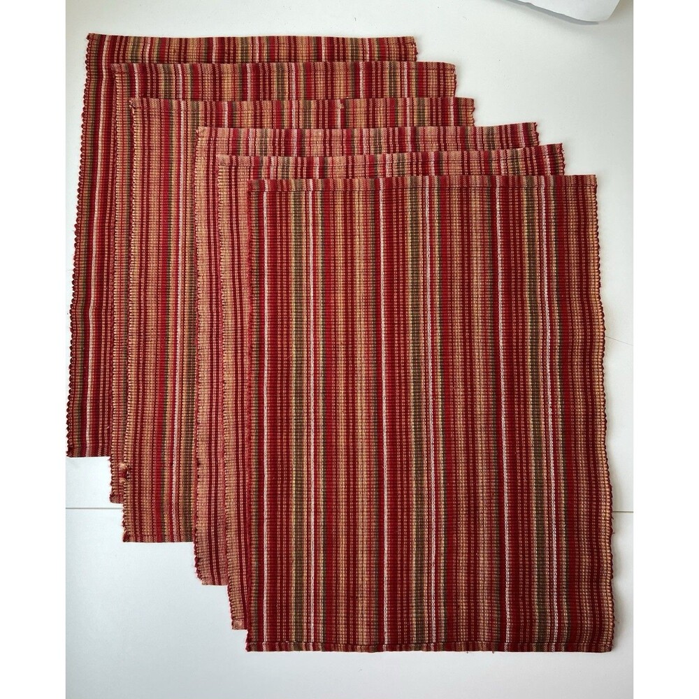 6 Farmhouse Woven Cotton Placemats Reversible 18"x13" red orange micro stripped